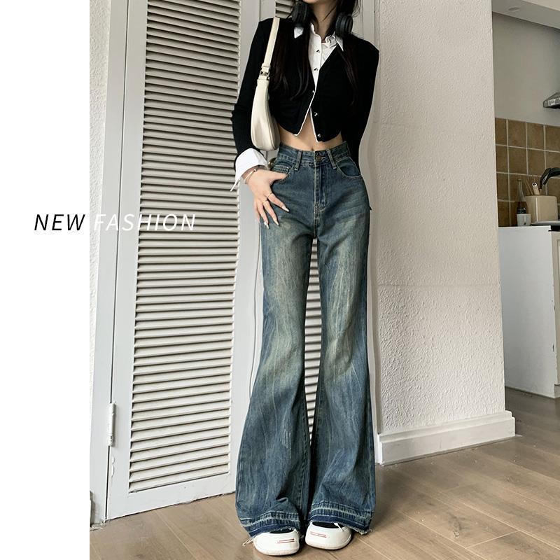 新款女士秋季懷舊復古牛仔褲韓版寬鬆顯瘦高腰直筒窄版拖地闊腿褲