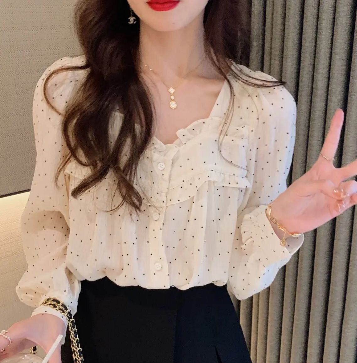 安璃秋季小波點木耳邊上衣小清新甜美淑女蕾絲衫/雪紡衫長袖