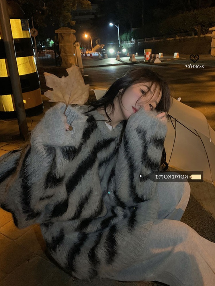 復古斑馬紋毛衣女新款外穿秋冬季慵懶風寬鬆加厚軟糯風針織衫上衣