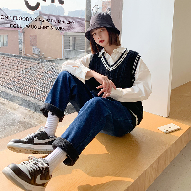 實拍高腰藍色直筒加絨牛仔褲女秋冬寬鬆九分煙管褲女學院風褲子