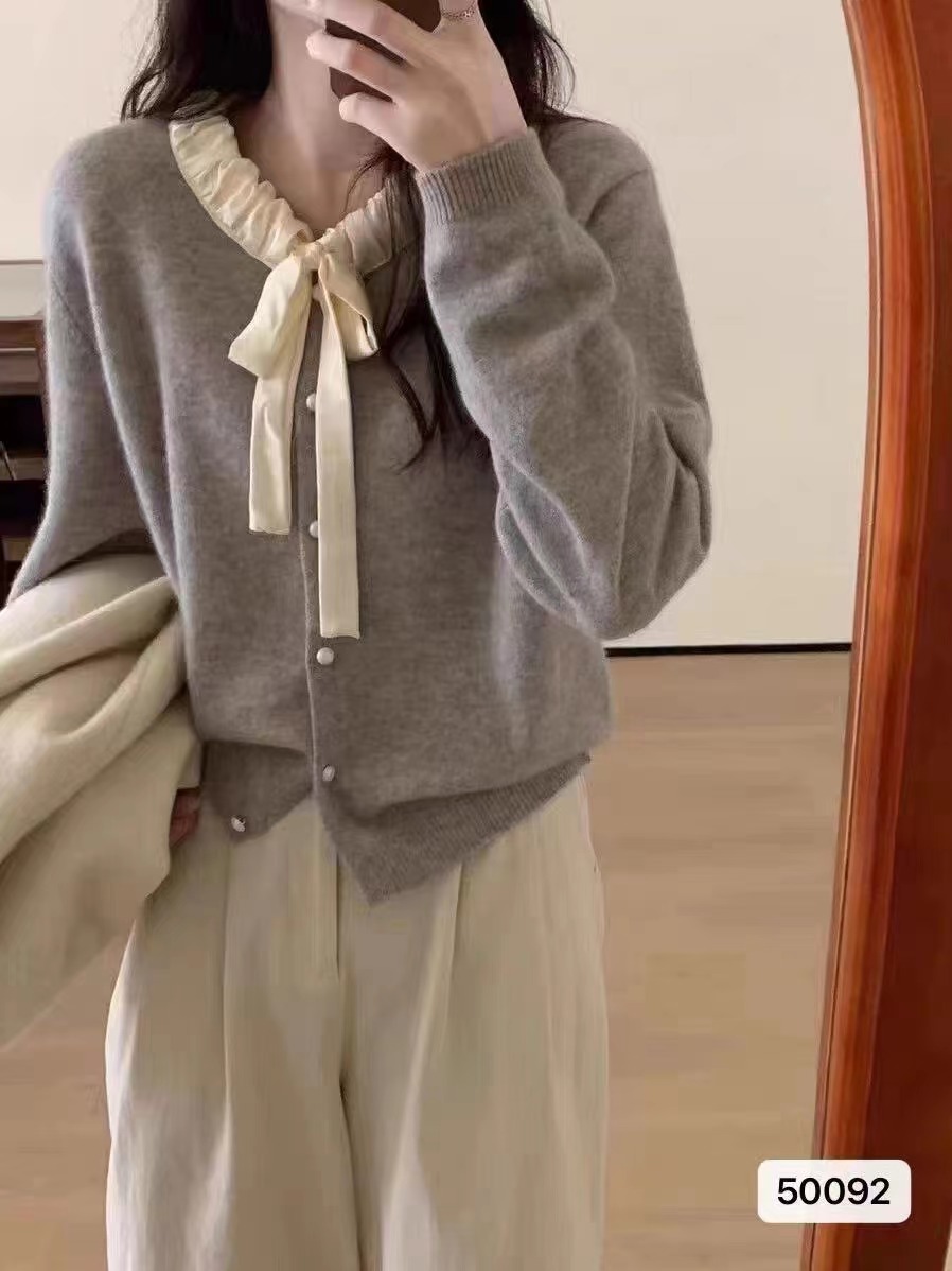 秋冬新款韓版溫柔少女風褶皺緞帶系帶長袖開衫上衣女