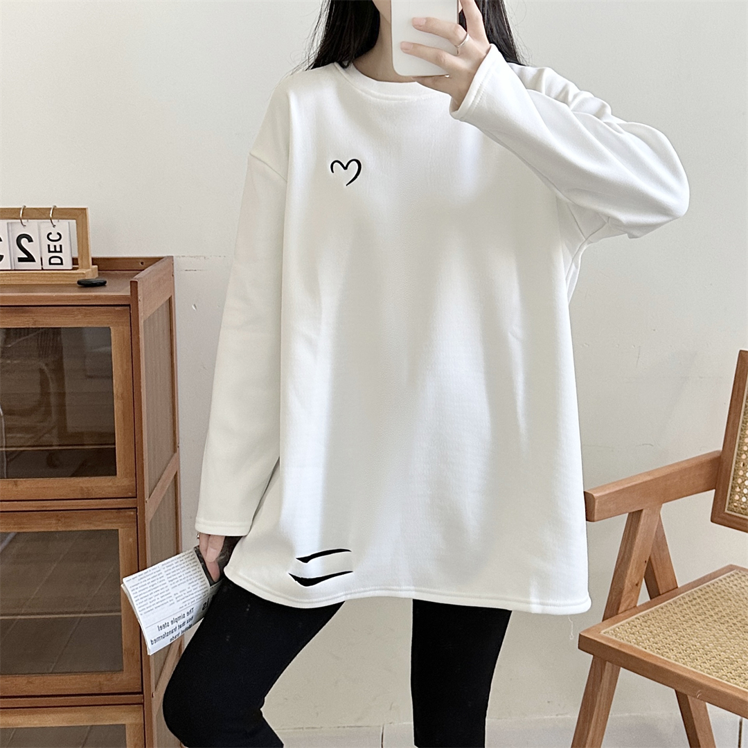 實拍白色刺繡打底衫女圓領加絨秋冬新款純棉長袖t恤女中長款洋氣