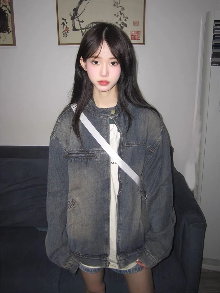American retro washed distressed denim jacket for women autumn 2023 new high-end loose zipper jacket top