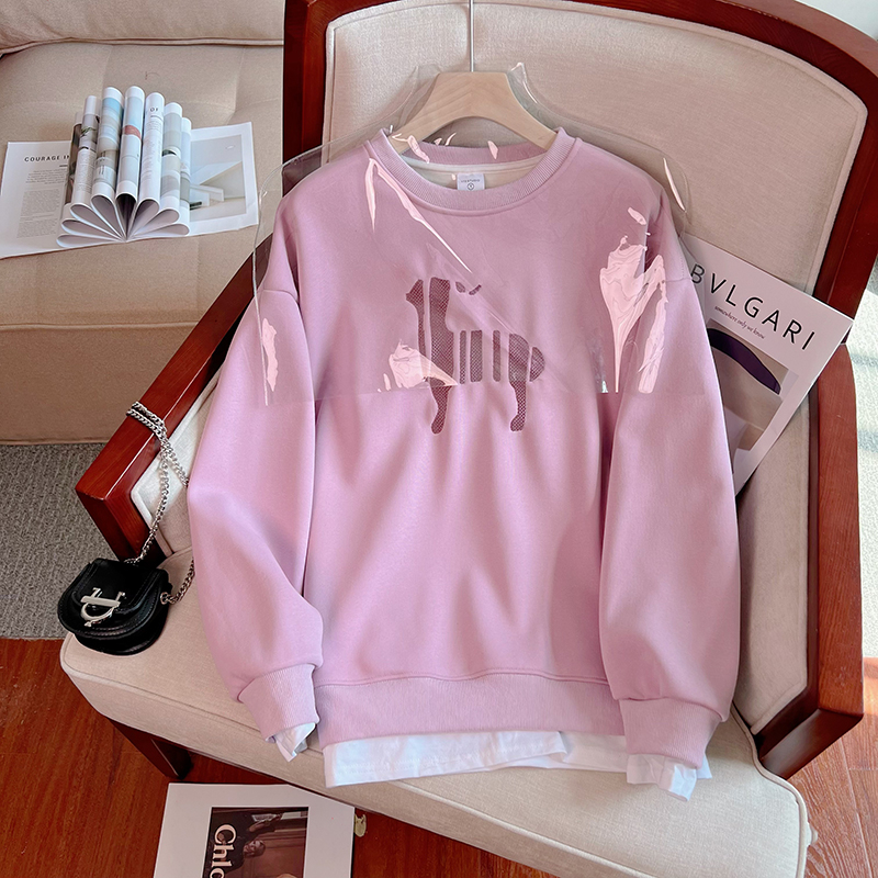 實拍 冬季韓版寬鬆華棉複合圓領卡通印花假兩件大碼加絨衛衣女