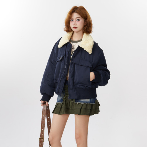 Real shot #Short lamb wool lapel cotton coat for women  winter new style retro small thickened cotton coat