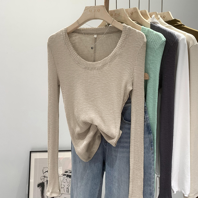 Real shot of versatile round neck, right shoulder, long-sleeved sweater for women, autumn 2023 new bottoming shirt, slim fit top