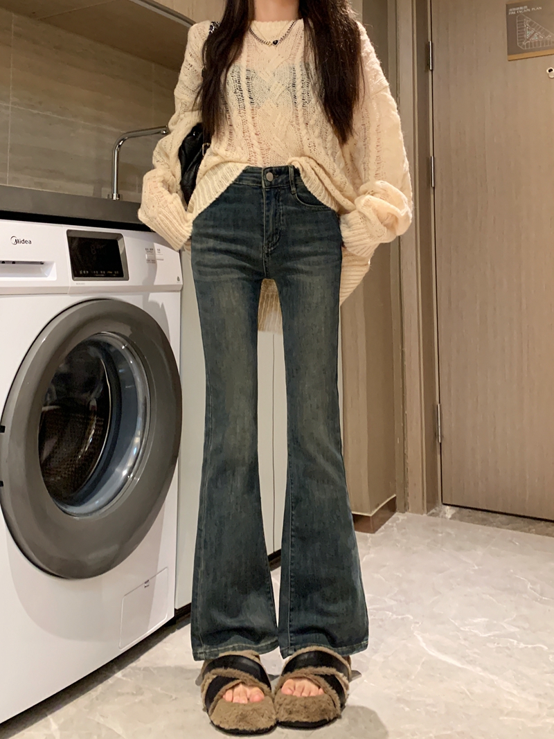 實拍#新款彈力牛仔長褲女設計感修身顯瘦微喇叭闊腳褲子