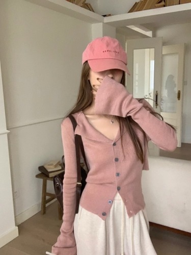 Wu 77 Soft Waist Revealed Bell Sleeve Cardigan Women's Early Autumn Temperament Strap Slim Fit Lapel Knitted Top
