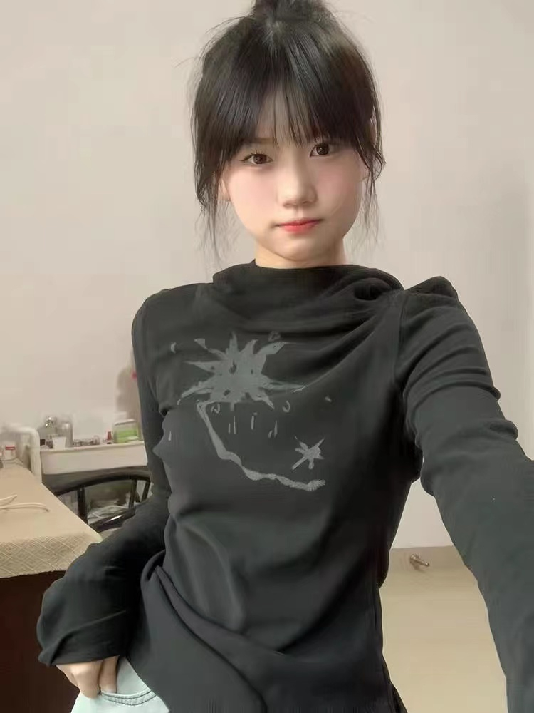螺紋德絨230克半高領打底衫長袖t恤女秋冬新款外穿連帽保暖上衣