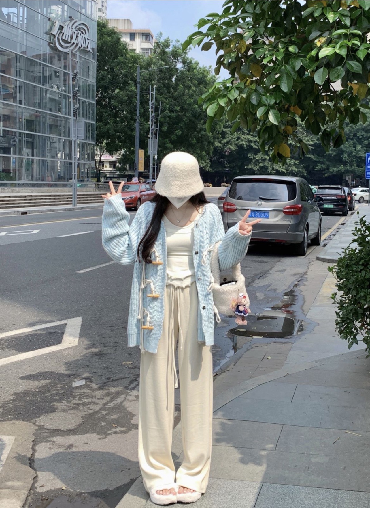 實拍奶藍牛角扣毛衣秋冬外穿慵懶風圓領外套垂感拖地褲套裝