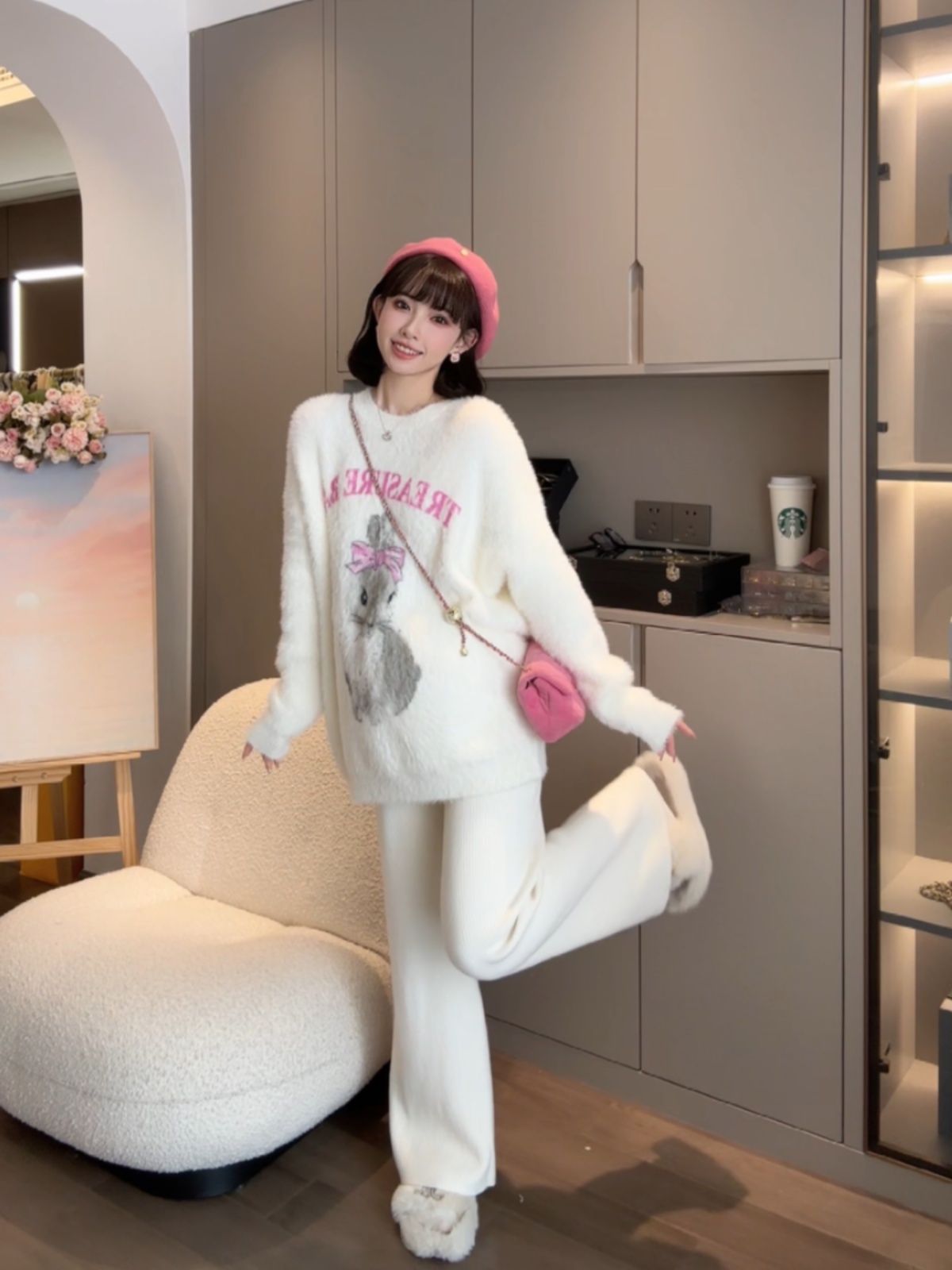 韓版甜美小兔子設計軟糯卡通漫畫水貂毛百搭毛衣上衣