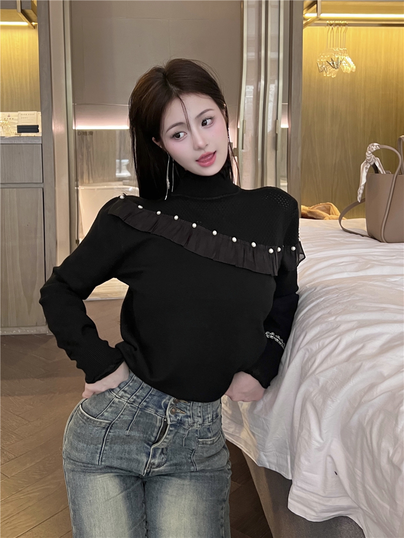 法式復古木耳邊釘珠拼接打底針織衫女秋季高領長袖修身小個子上衣