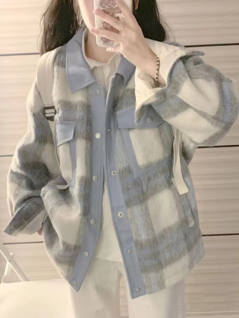 National fashion brand color-blocked plaid long woolen coat for women autumn retro loose casual street jacket trendy top