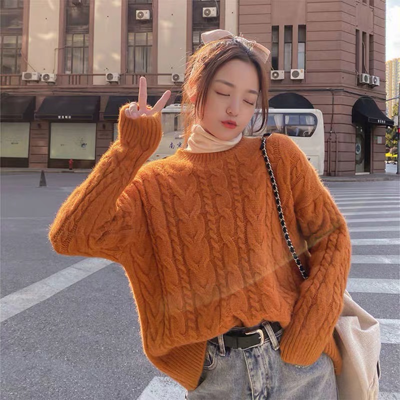 慵懶風毛衣女寬鬆外穿2023新款秋冬加厚麻花針織衫韓版打底衫上衣