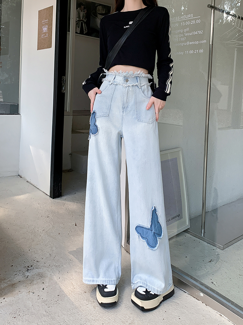 實拍~蝴蝶毛邊直筒牛仔褲女2023年秋季新款高腰顯瘦闊腿褲子