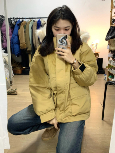 Large fur collar hooded cotton coat women's winter American retro corduroy thickened workwear cotton coat loose cotton jacket trendy