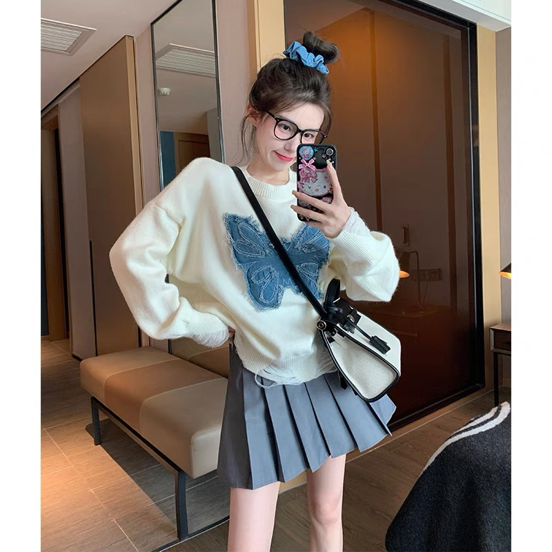 美式復古牛仔繡破壞風寬鬆慵懶秋冬潮流設計感毛衣上衣女