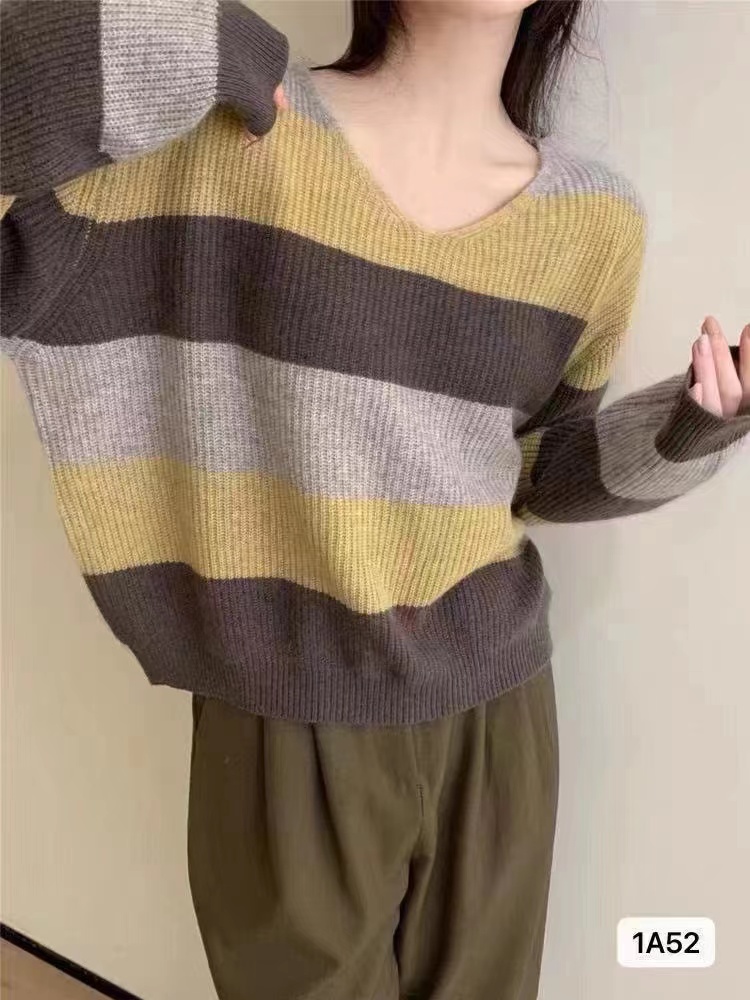 秋冬新款韓版東大門慵懶風V領撞色條紋寬鬆長袖上衣女