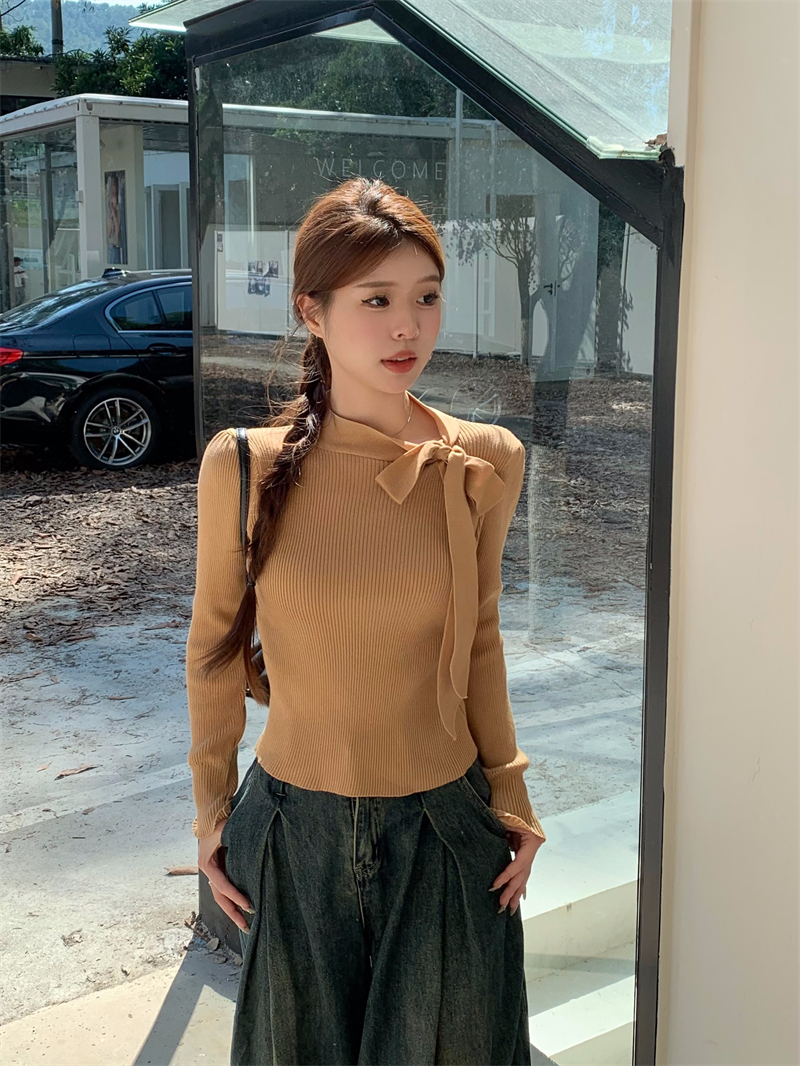 實拍 法式優雅氣質赫本綁帶領針織衫女百搭撞色套頭毛衣