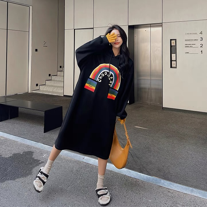 250克大衛衣雙層帽 冬季韓版個性彩紅印花開叉連衣裙衛衣女
