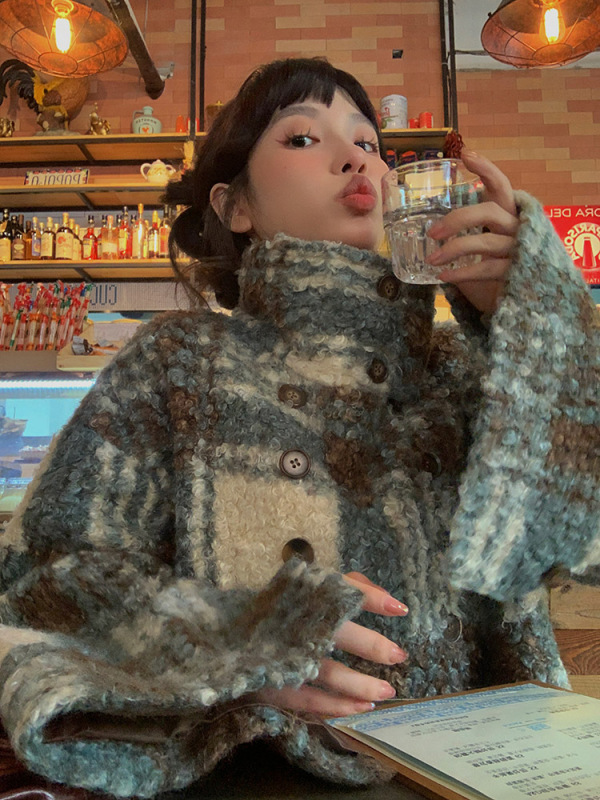 FunnJ Fangji Chuxue Smurf retro design plaid short woolen coat women's thickened woolen coat