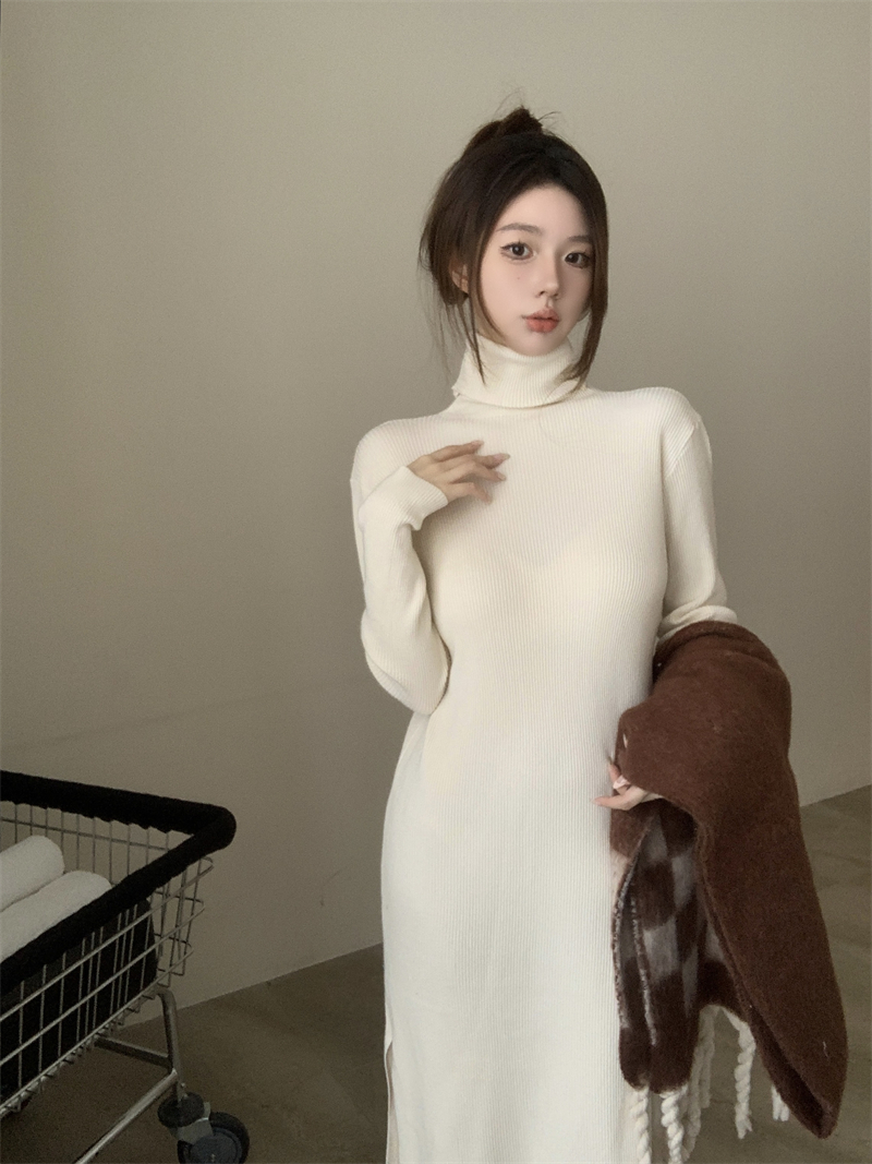 實拍 百搭純色寬鬆高領長袖中長款打底針織毛衣連衣裙