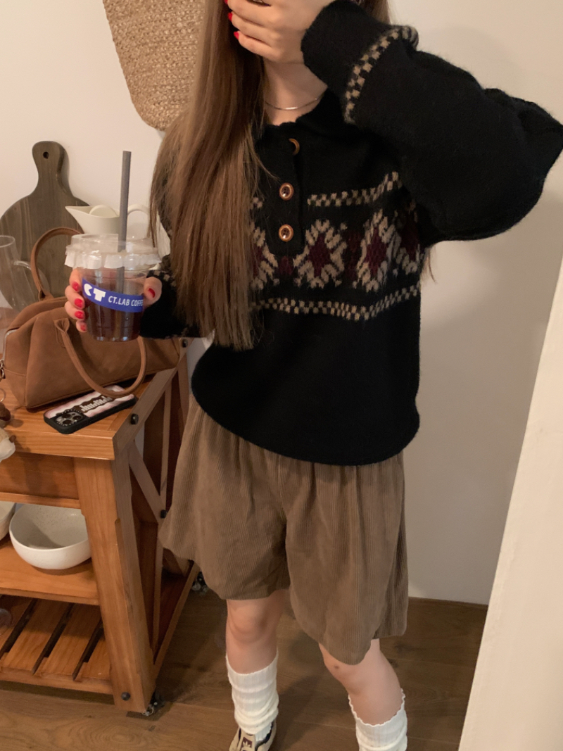實拍翻領慵懶幾何圖形套頭毛衣
