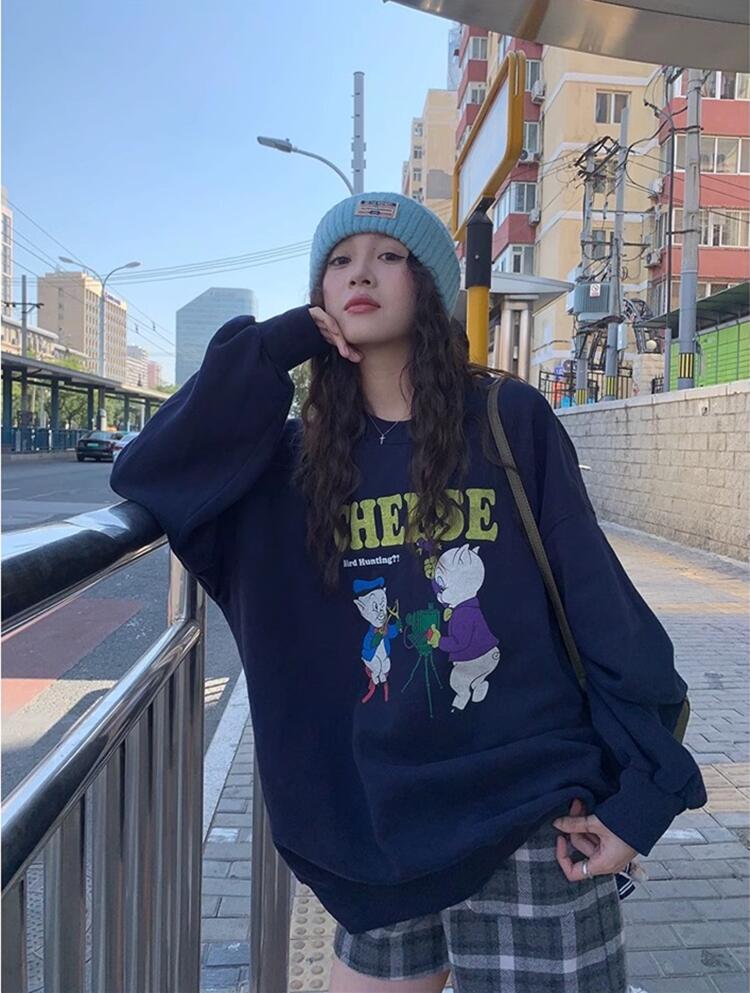 馨幫幫  童趣卡通印花寬鬆長袖衛衣女2023秋季新款顯瘦百搭個性