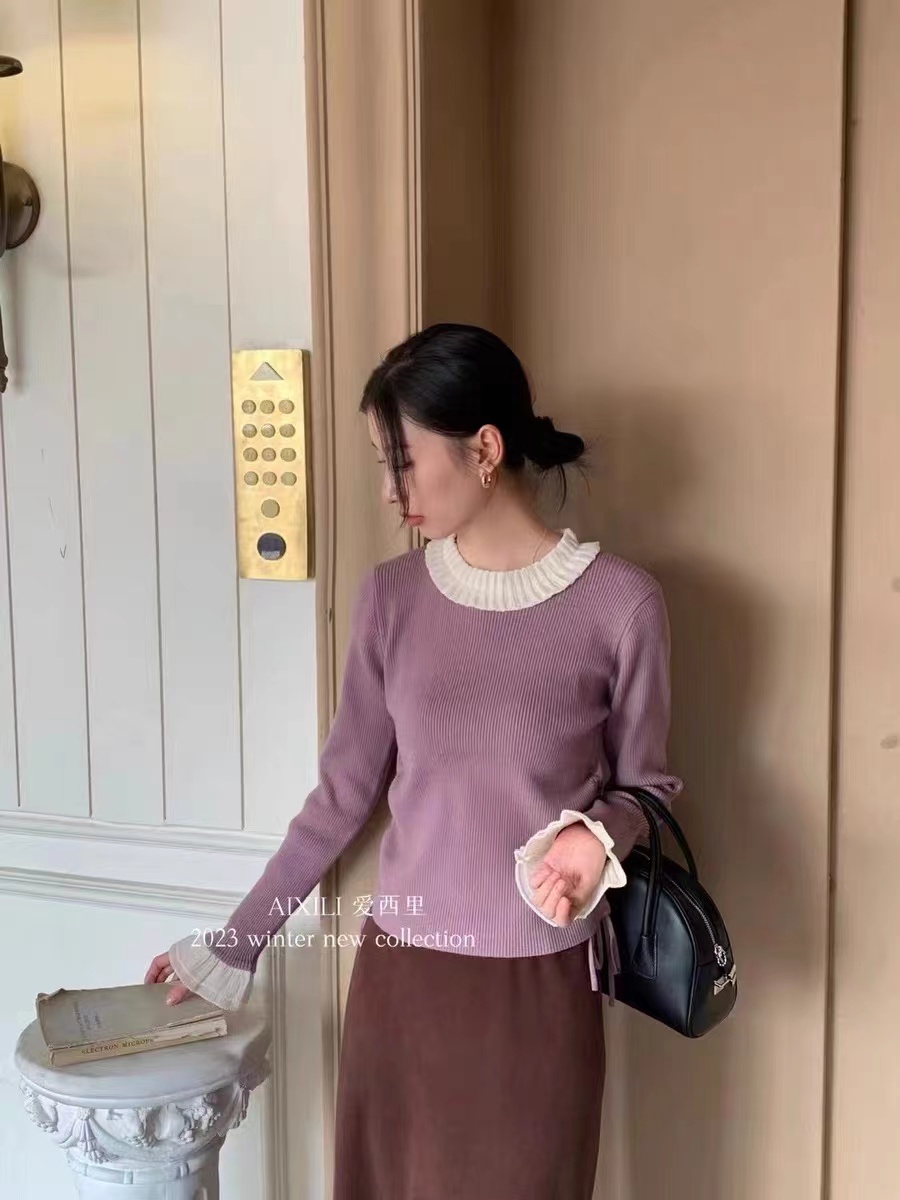 木耳邊圓領溫柔淑女氣質打底衫女冬季百搭內搭針織衫