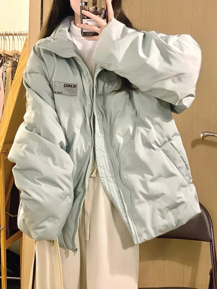 Solid color stand collar cotton coat women's 2023 winter new cotton jacket loose student thickened warm bread coat
