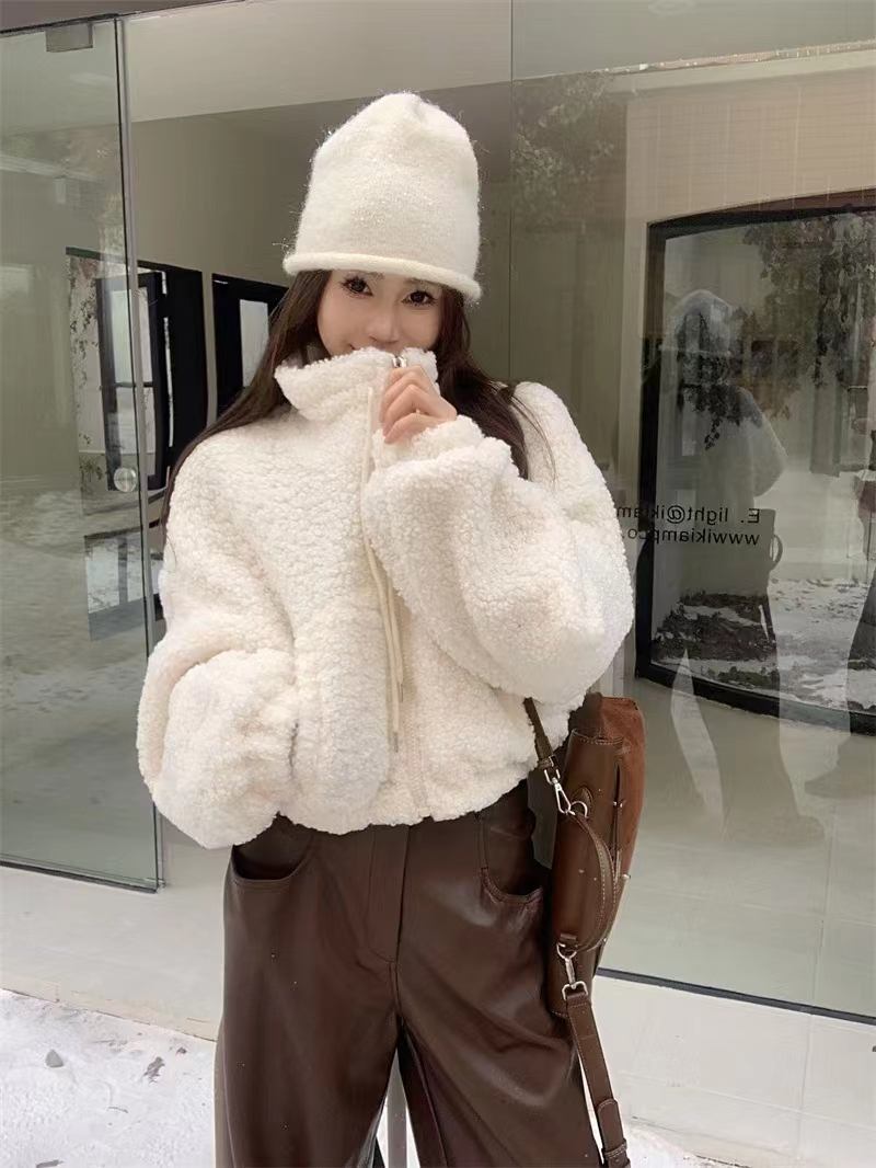 Thickened long sleeve zipper cardigan lamb wool short coat for women