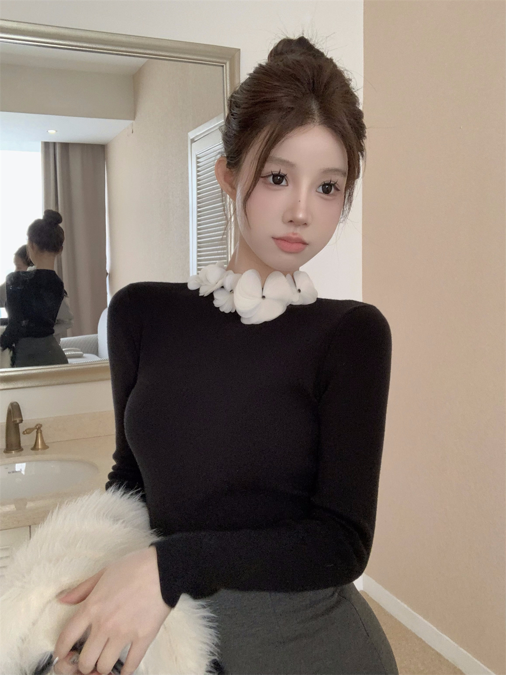 實拍~ 法式宮廷風花邊半高領修身顯瘦長袖內搭打底針織衫毛衣