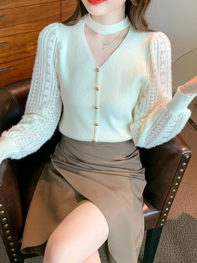 長袖掛脖鏤空打底衫上衣女秋冬季v領時尚蕾絲毛衣氣質泡泡袖上衣