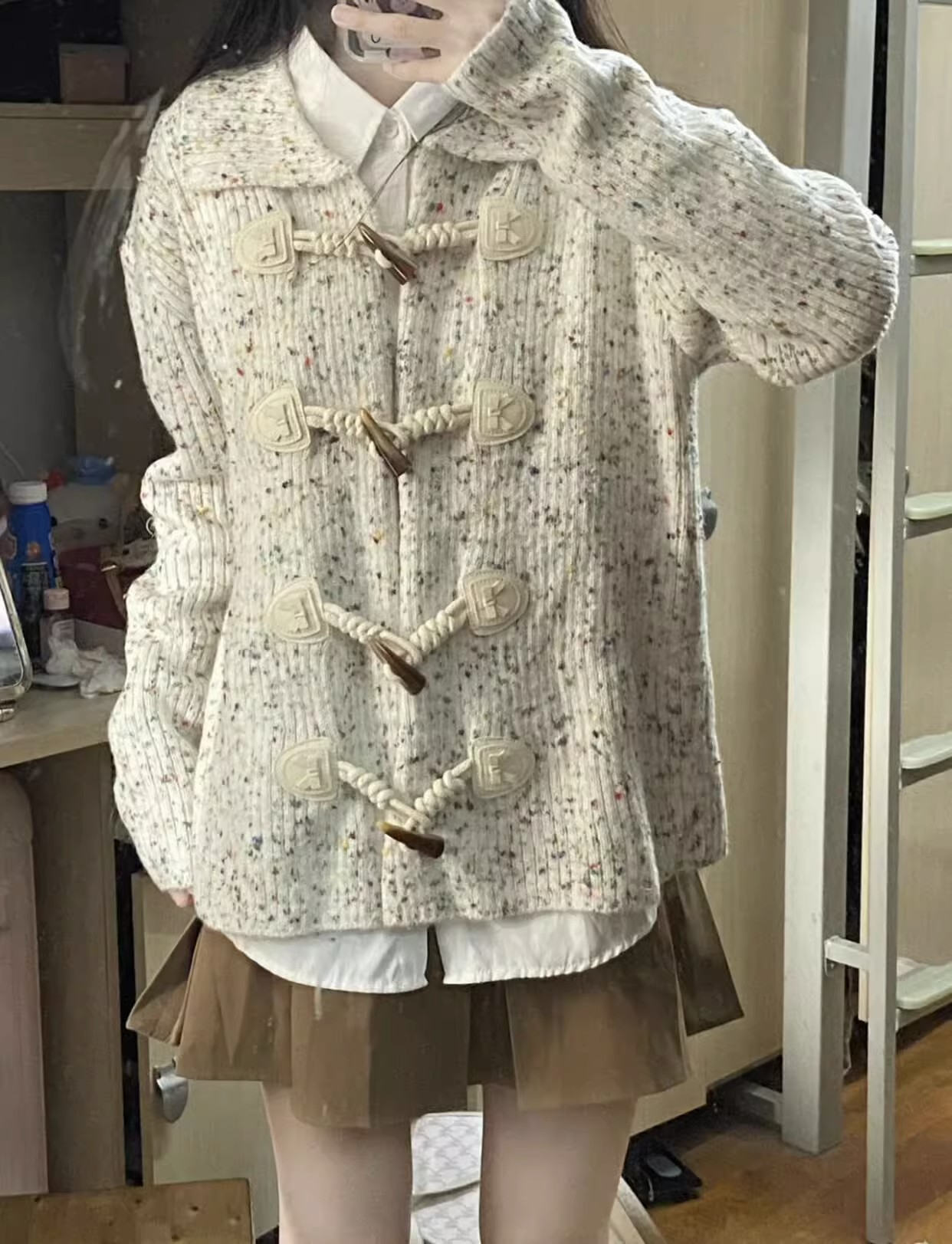 彩色點子紗牛角扣開衫女春秋新款POLO領寬鬆慵懶風針織衫毛衣外套