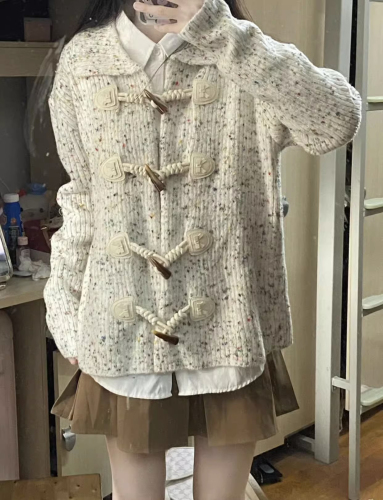 Colorful idea yarn ox horn buttons open sweater women spring summer new POLO collar loose lazy style knit sweater outerwear