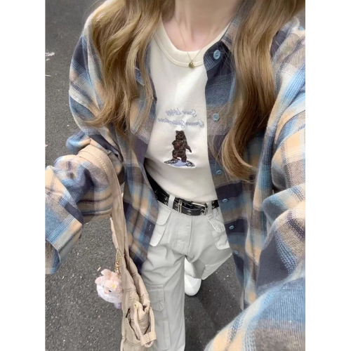 Plaid contrast plaid long-sleeved shirt for women spring and autumn embroidered loose lazy style shirt for women