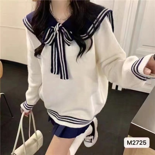 New autumn and winter Korean style college style navy collar lace-up color matching loose long-sleeved top for women