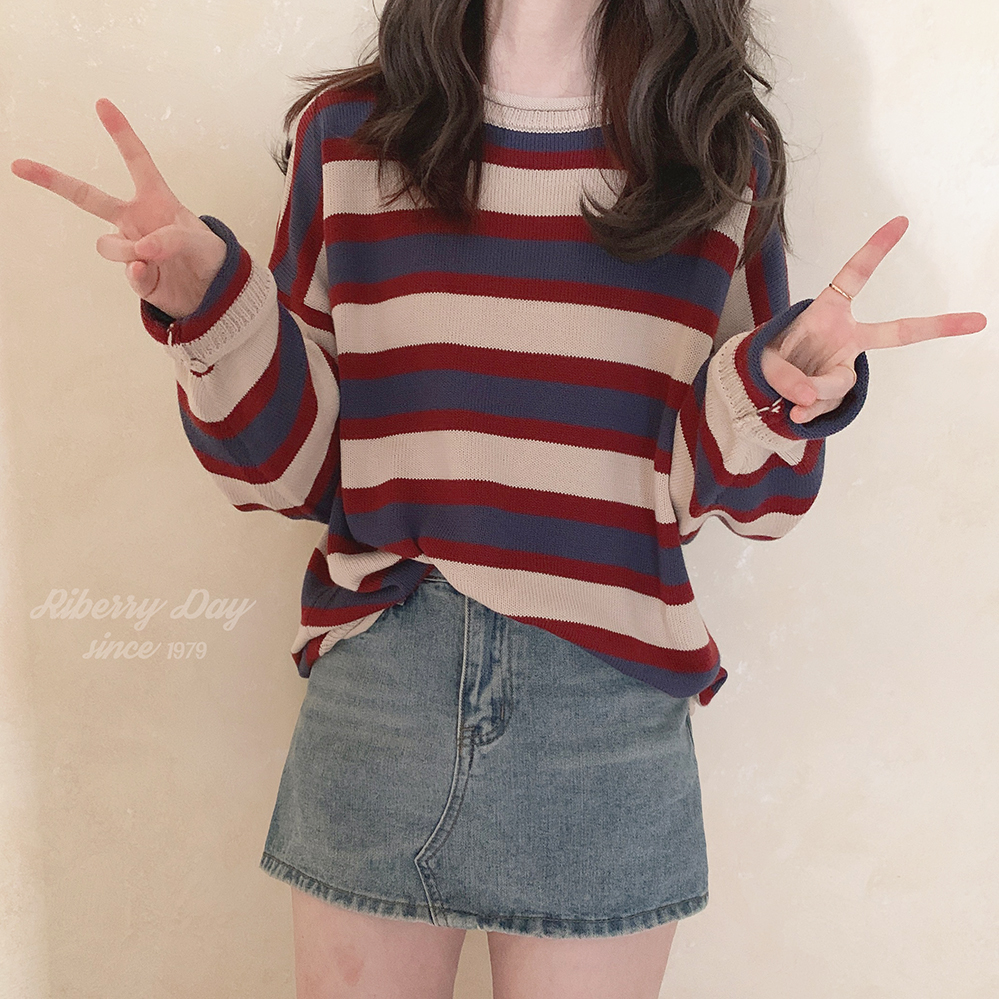2023年新款日系慵懶風條紋撞色套頭毛衣女早秋復古洋氣針織衫上衣