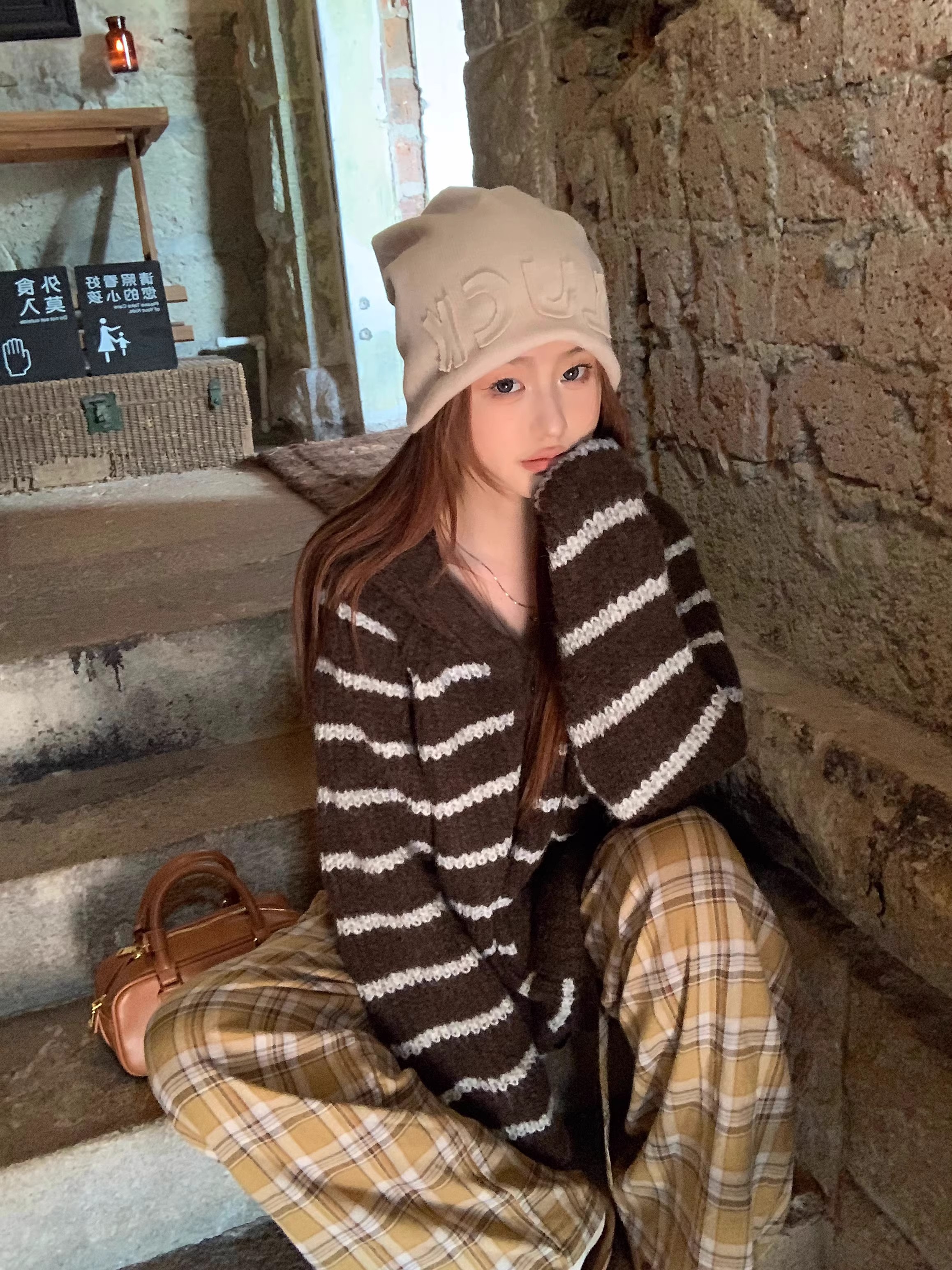 美式條紋連帽毛衣外套女秋冬2023新款設計感慵懶風寬鬆長袖針織衫