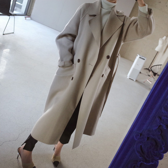 Korean double-sided cashmere coat women's mid-length autumn and winter beige woolen waitmore coat wool double-sided