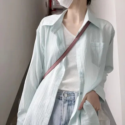防曬襯衫女早秋設計感長袖韓系溫柔寬鬆慵懶外搭開衫上衣外套