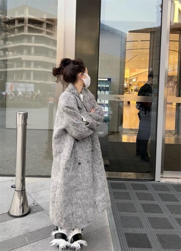 High-end gray thickened Korean wool coat for women autumn and winter mid-length woolen Hepburn style woolen coat