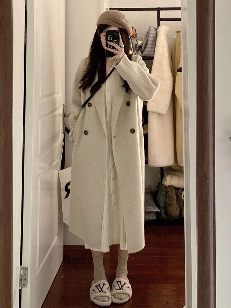 2023 new autumn and winter oatmeal color double-sided cashmere coat women's small woolen coat