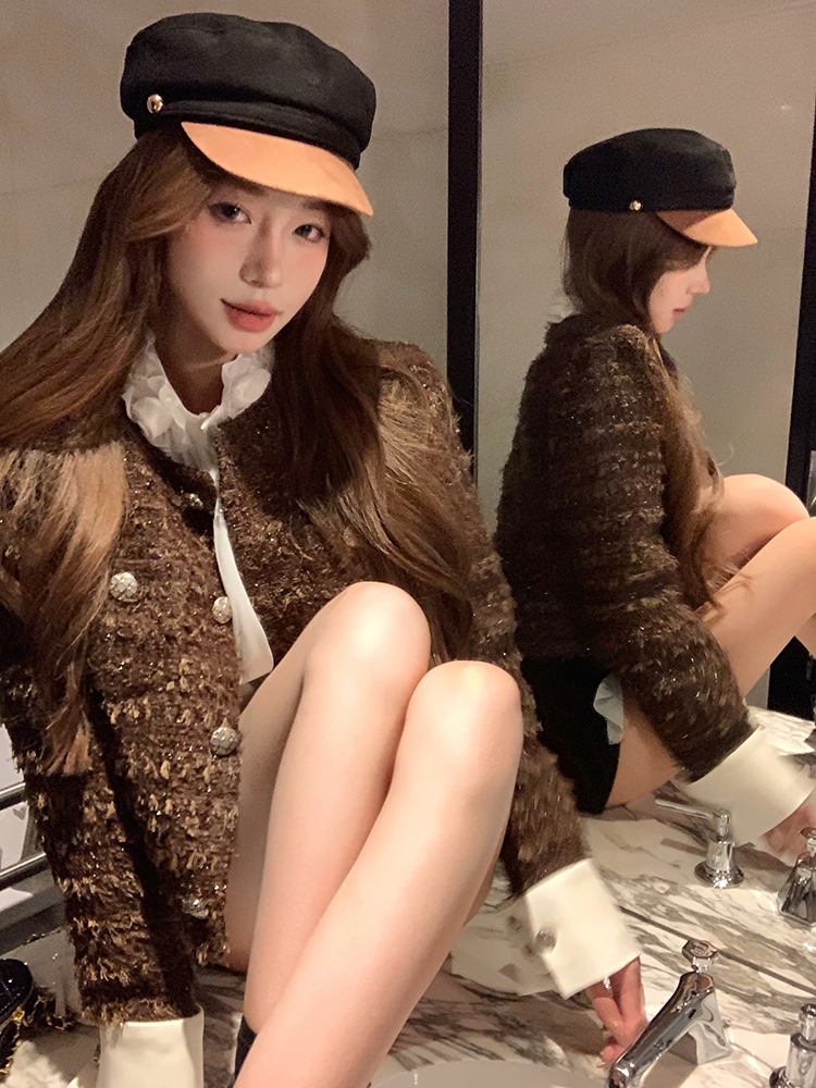 實拍 細閃流蘇紗可拆卸撞色袖口夾棉小香風短外套女秋冬棉服