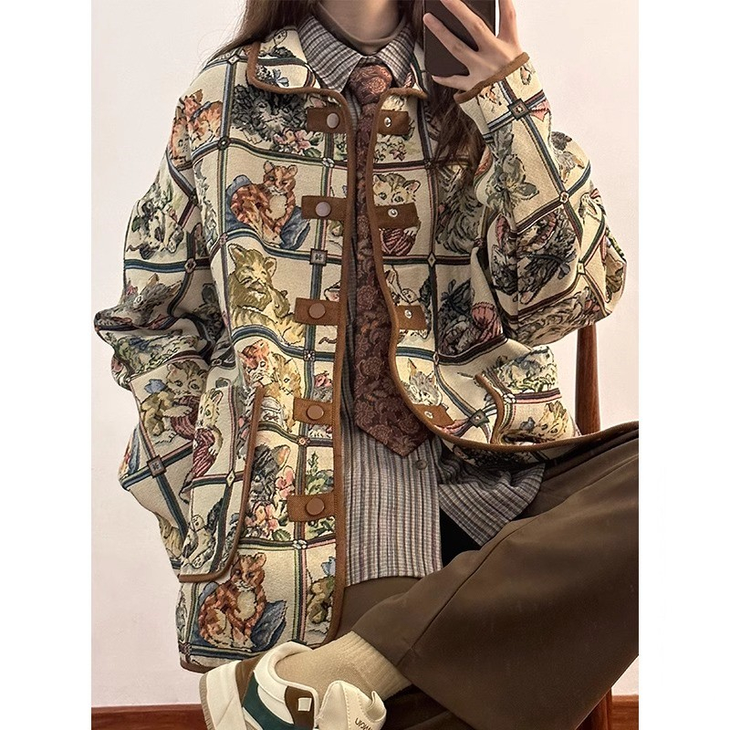 American Retro Mickey Cat Jacquard Jacket Women's New Autumn and Winter Loose Lazy Top