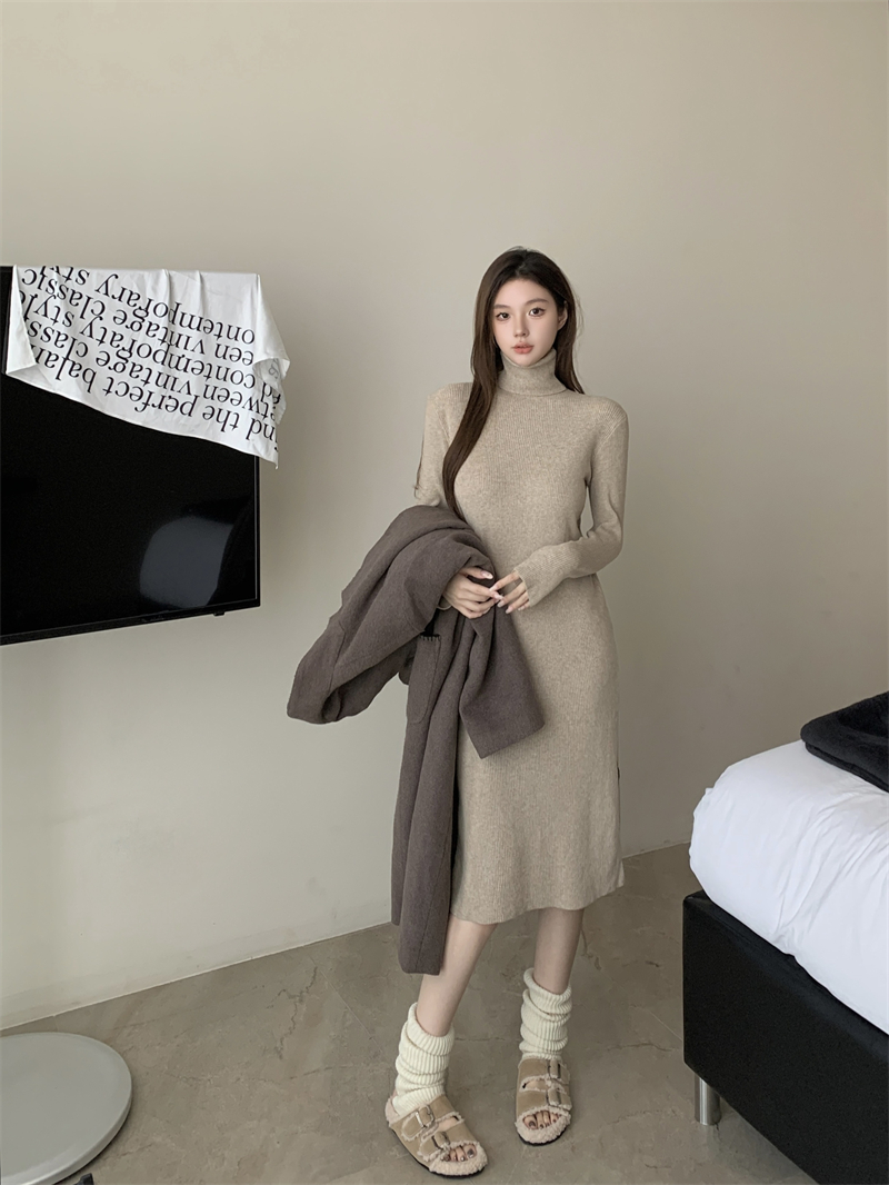 實拍 百搭純色寬鬆高領長袖中長款打底針織毛衣連衣裙