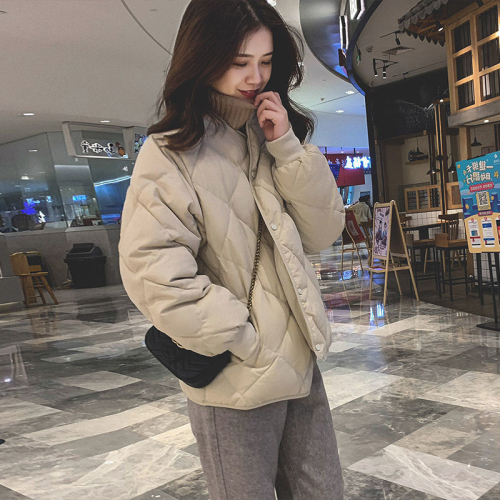  Spring and Autumn New Down Jacket Women's Short Lightweight Collarless Japanese Diamond Plaid Cotton Jacket Casual Trendy Jacket