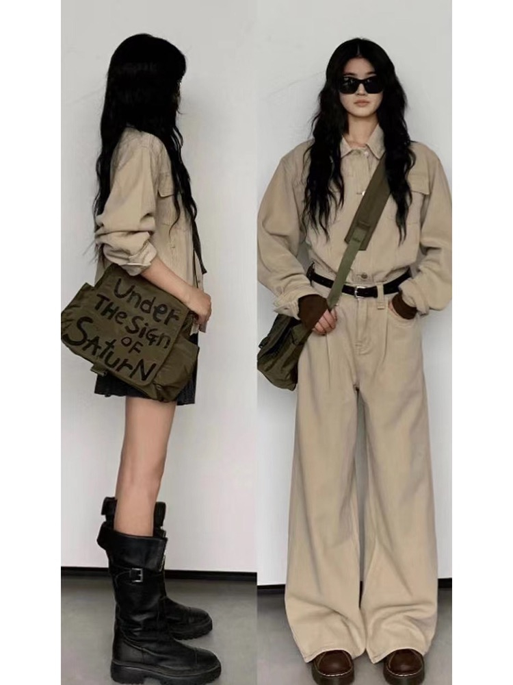 鹽系輕熟美式復古套裝女裝外套上衣秋季新款闊腿褲休閒牛仔兩件套