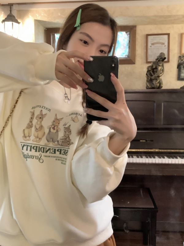 甜味少女~可愛減齡寬鬆印花設計感圓領衛衣女加絨休閒上衣