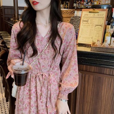 大碼淑女甜美v領系帶粉色碎花連衣裙秋季內搭A字裙中長款顯瘦裙子